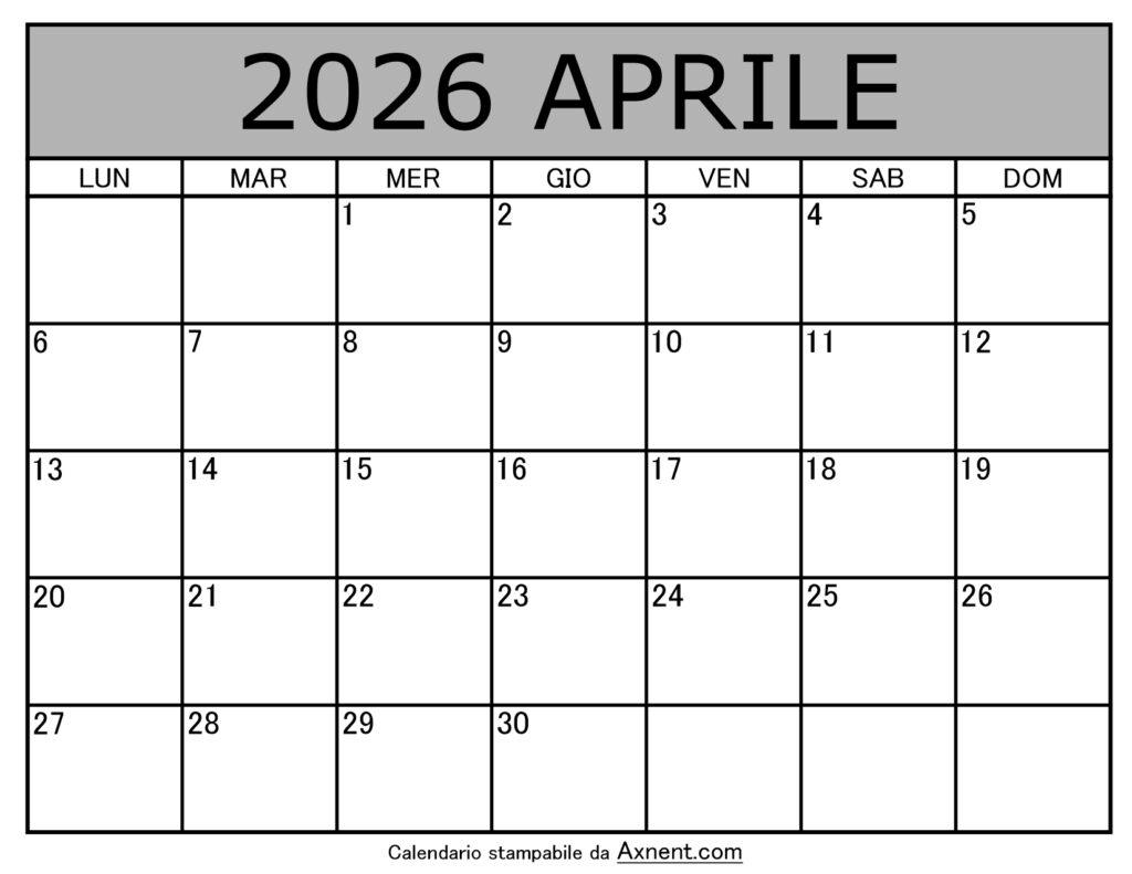 Calendario Mensile di Aprile 2026