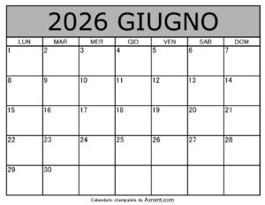Calendario Mensile di Giugno 2026