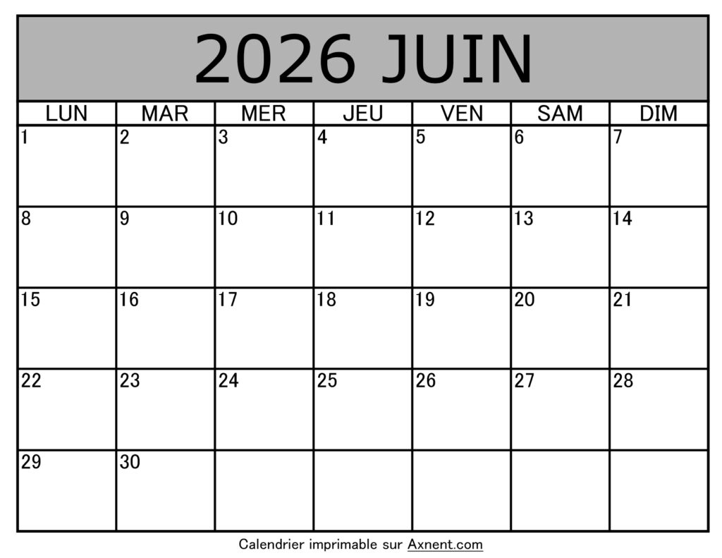Calendrier À Imprimer Juin 2026