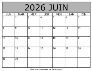 Calendrier À Imprimer Juin 2026