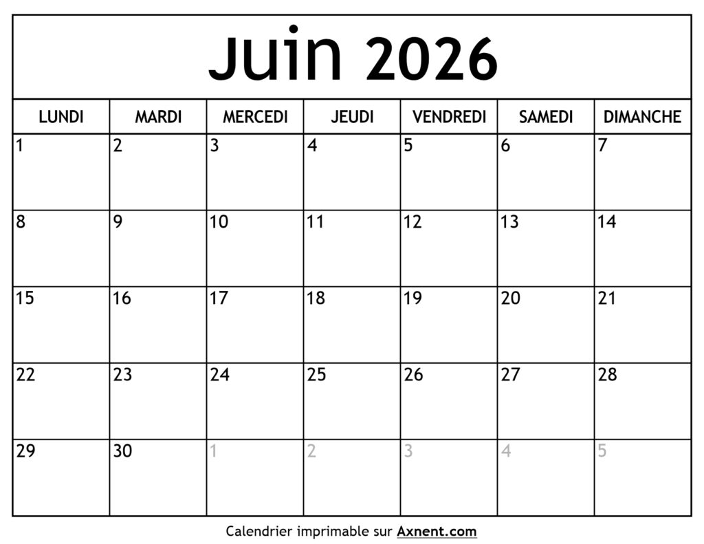 Calendrier Juin 2026