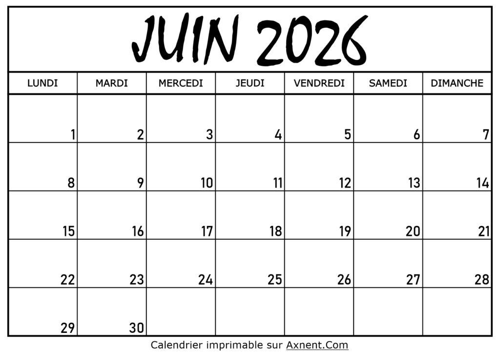 Calendrier Juin 2026 À Imprimer