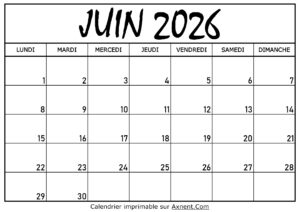 Calendrier Juin 2026 À Imprimer