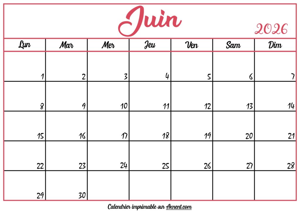 Calendrier Vierge Juin 2026