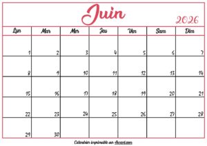 Calendrier Vierge Juin 2026