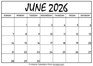 June 2026 Calendar Printable
