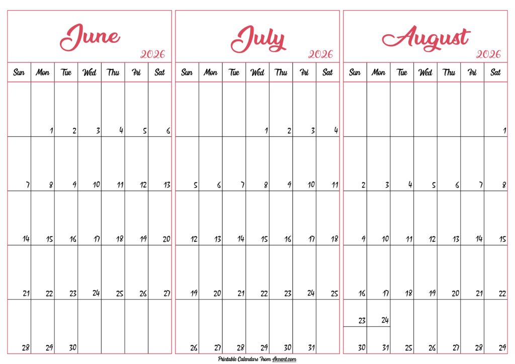 June July August 2026 Calendar