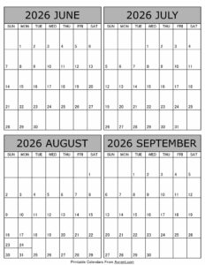 June July August September 2026 Calendar