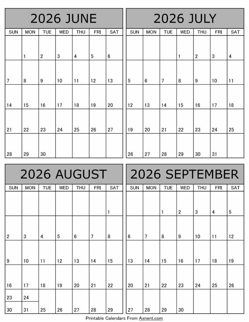 June July August September 2026 Calendar