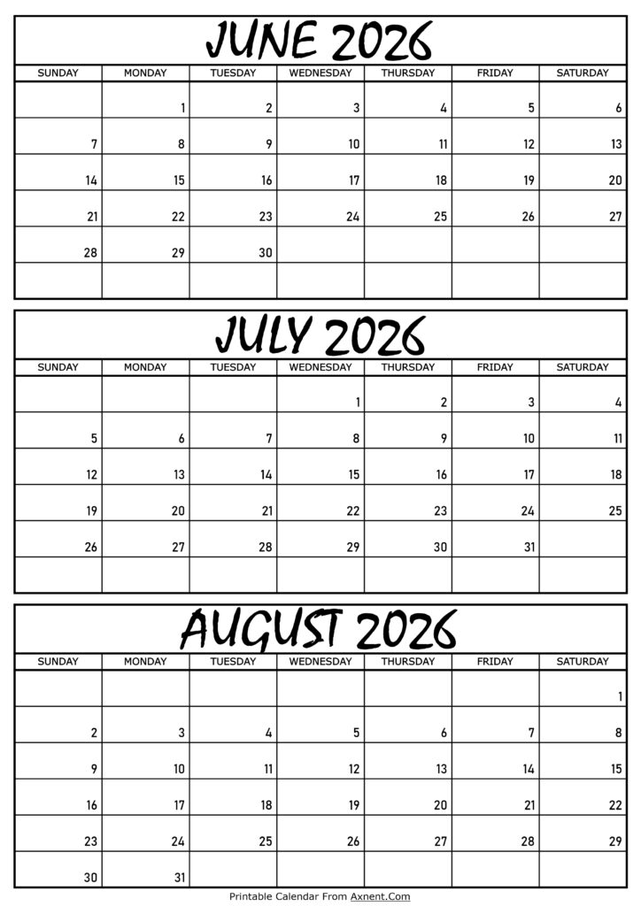 June July and August Calendar 2026