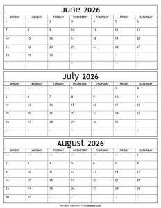 June to August 2026 Calendar