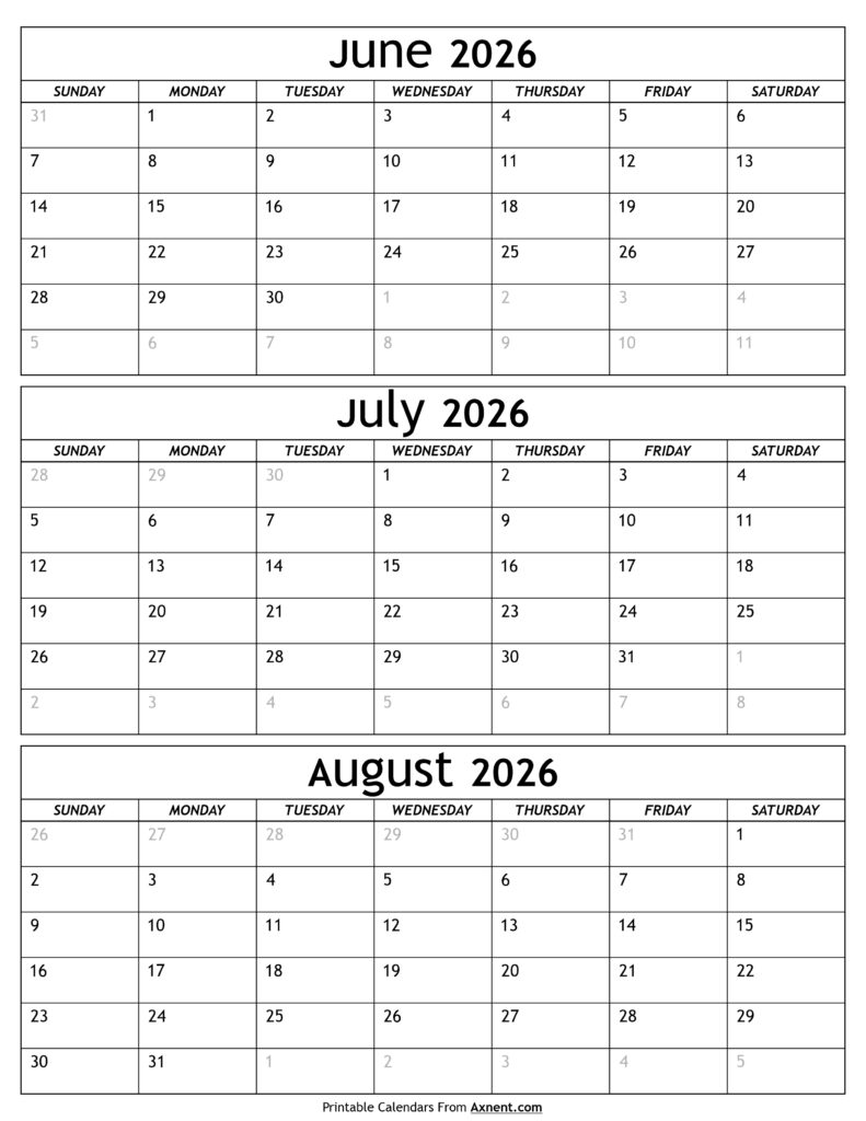 June to August 2026 Calendar