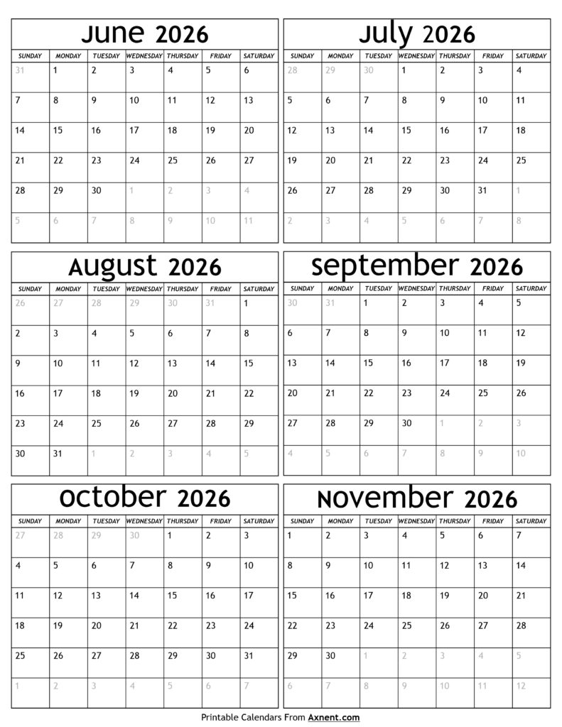 June to November 2026 Calendar