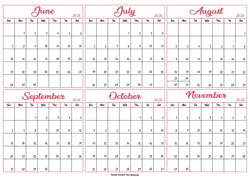 June to November Calendar 2026