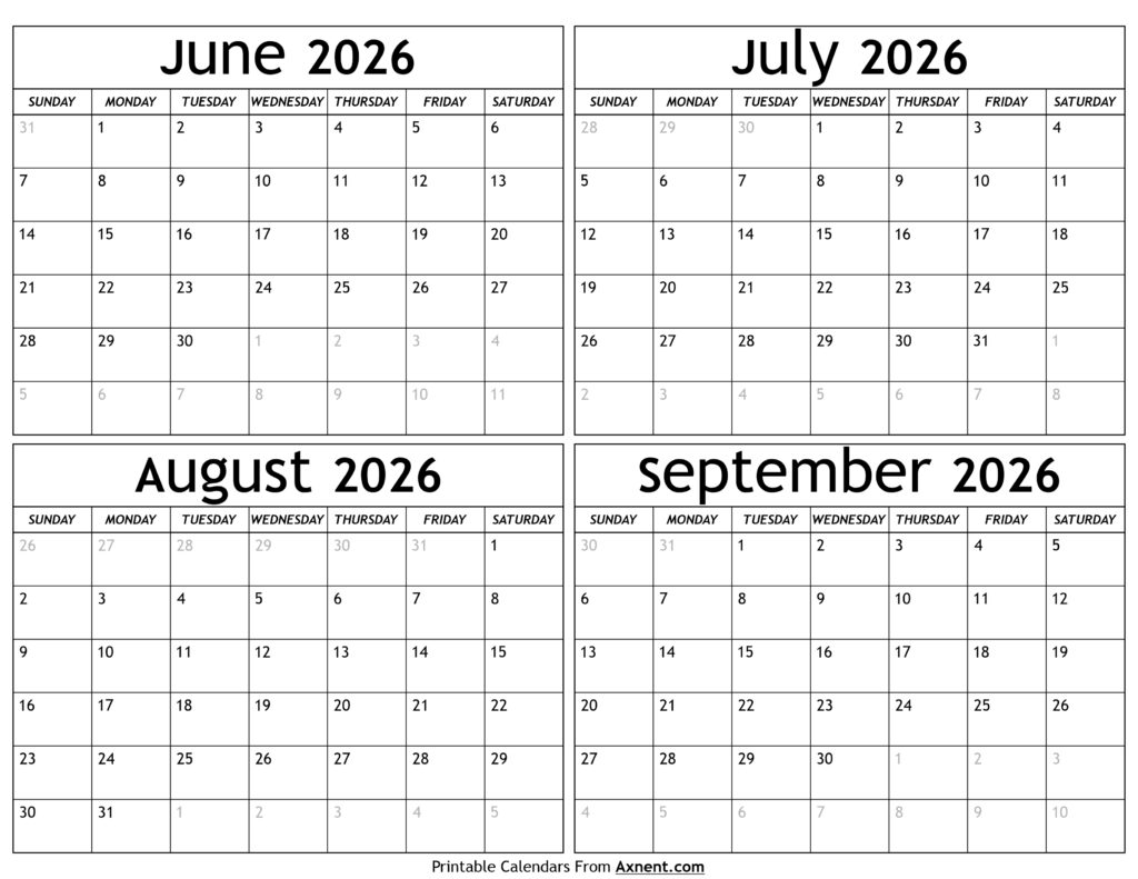 June to September 2026 Calendar