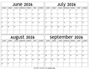 June to September 2026 Calendar