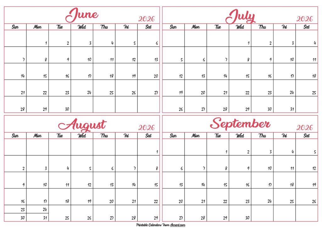 June to September Calendar 2026