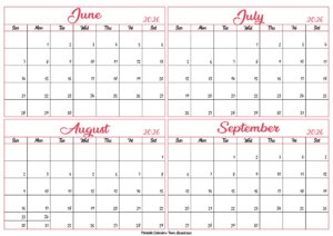 June to September Calendar 2026