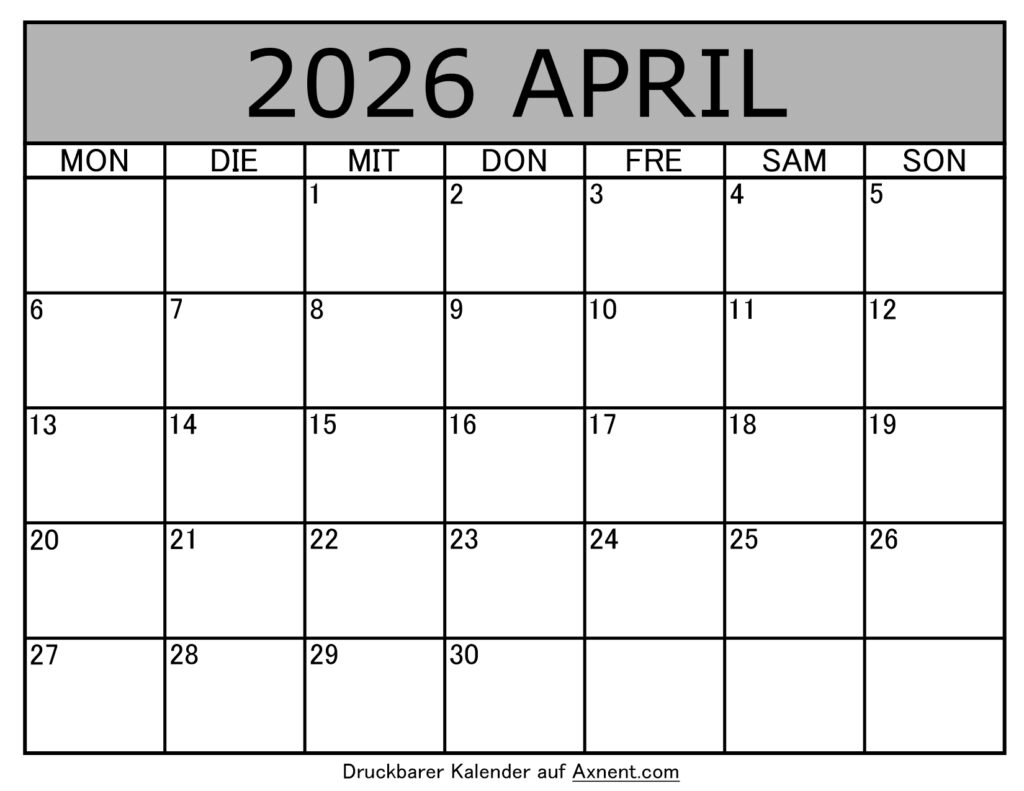 Kalender April 2026 zum Ausdrucken