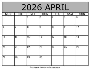 Kalender April 2026 zum Ausdrucken