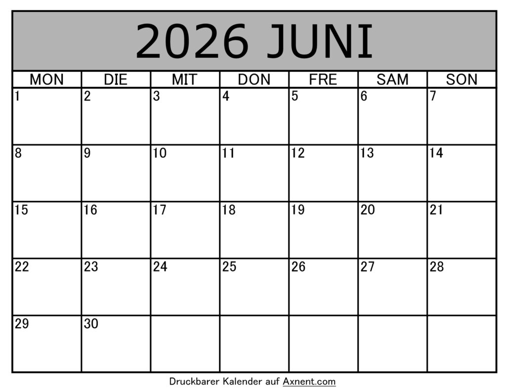 Kalender Juni 2026 zum Ausdrucken