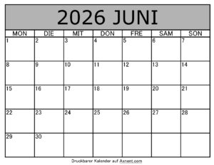 Kalender Juni 2026 zum Ausdrucken