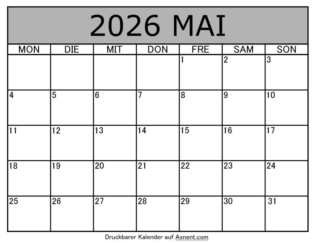Kalender Mai 2026 zum Ausdrucken