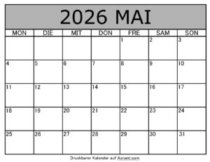 Kalender Mai 2026 zum Ausdrucken