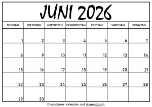 Kalender für Juni 2026