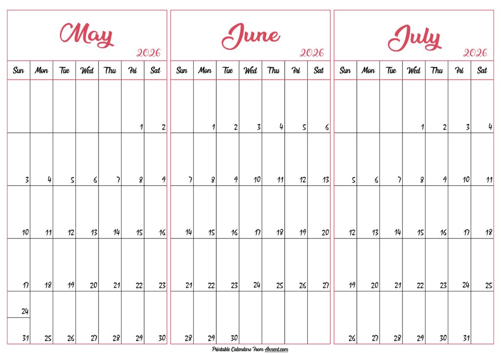 May June July 2026 Calendar