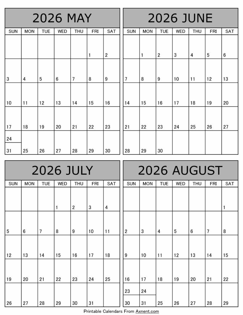 May June July August 2026 Calendar