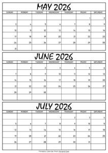 May June and July Calendar 2026
