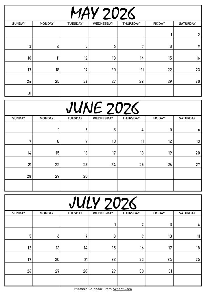 May June and July Calendar 2026