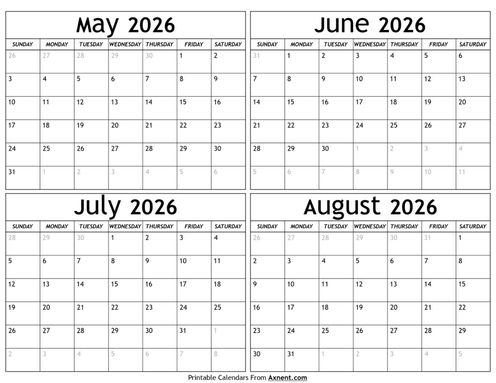 May to August 2026 Calendar