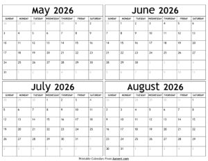 May to August 2026 Calendar