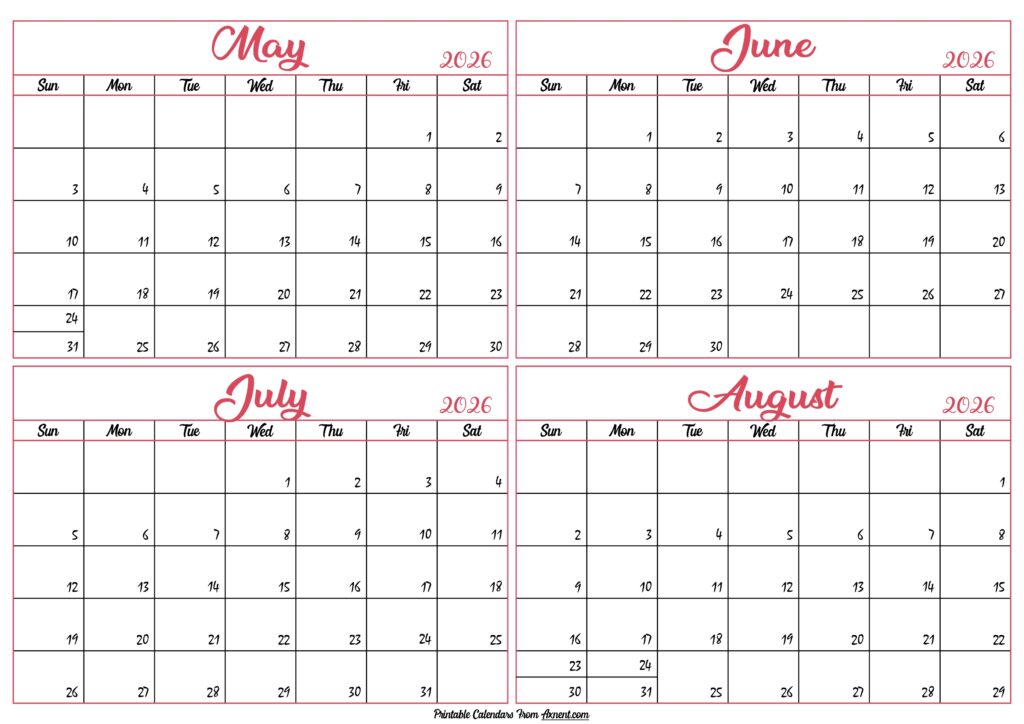 May to August Calendar 2026