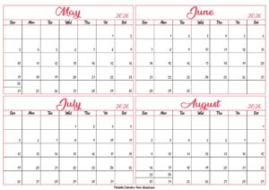May to August Calendar 2026
