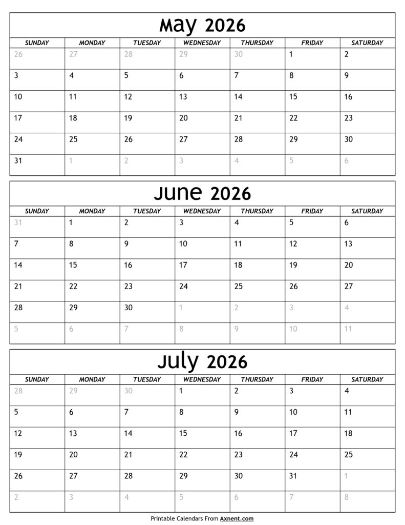 May to July 2026 Calendar