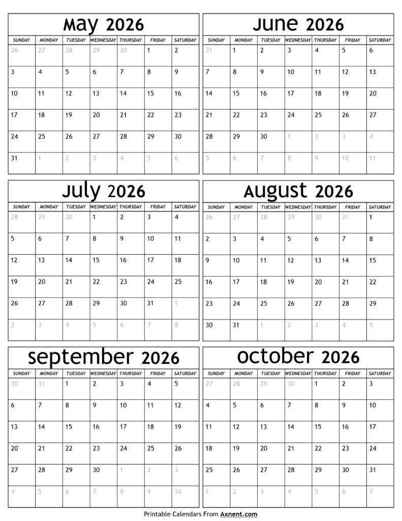 May to October 2026 Calendar