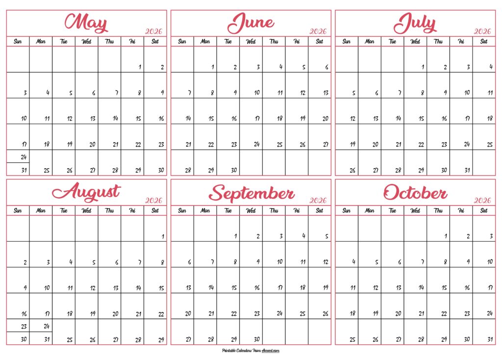 May to October Calendar 2026