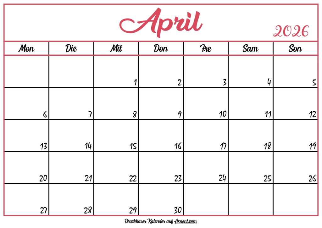 Monatskalender April 2026