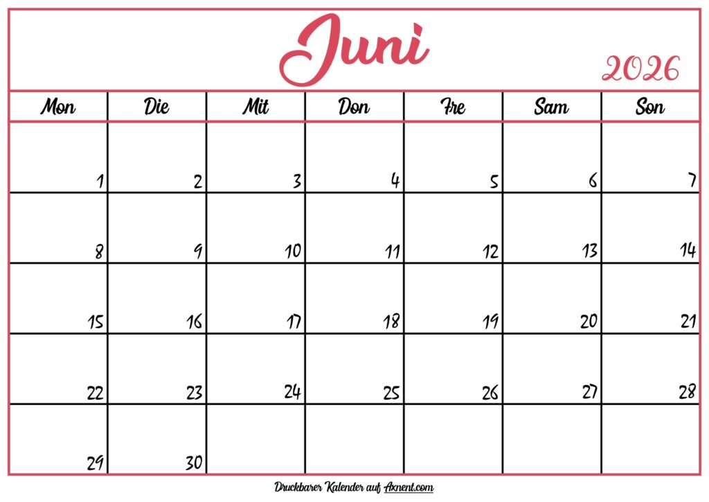 Monatskalender Juni 2026