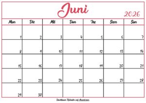 Monatskalender Juni 2026