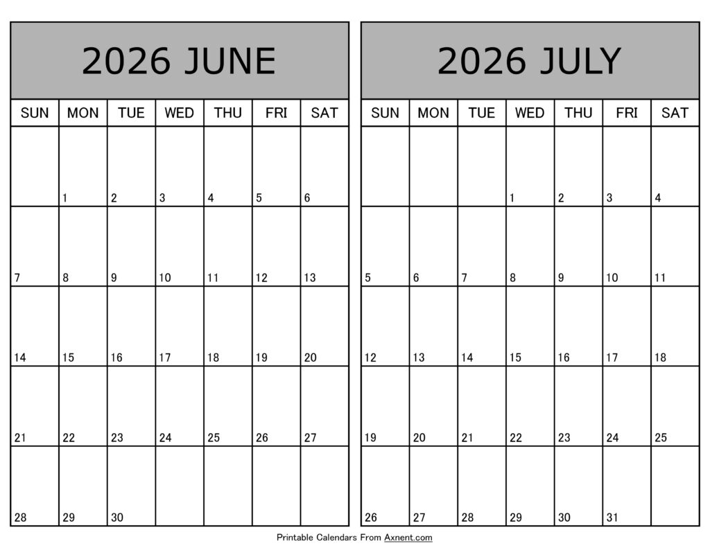 Printable June July 2026 Calendar