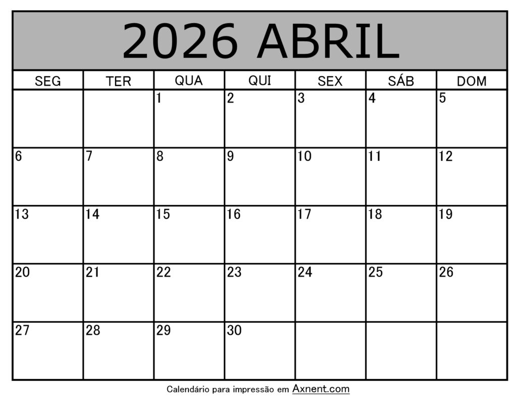 Abril De 2026 Calendario Imprimível