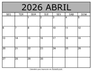Abril De 2026 Calendario Imprimível
