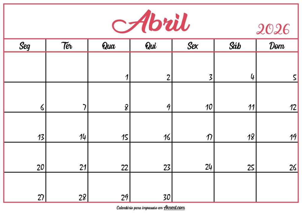 Calendário Abril 2026