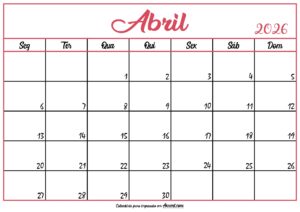 Calendário Abril 2026