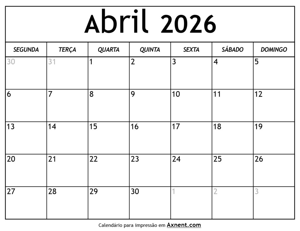 Calendário De Abril De 2026