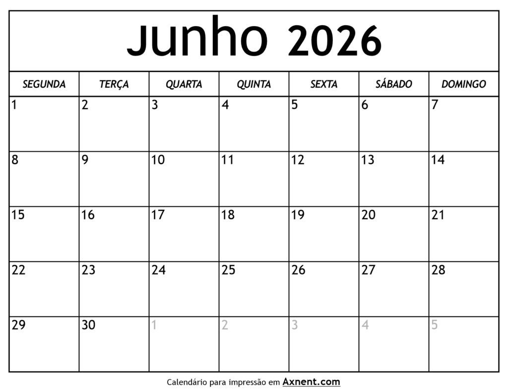 Calendário De Junho De 2026